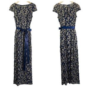 Adrianna Papell Floral Embroidered Column Dress Navy Gold 6